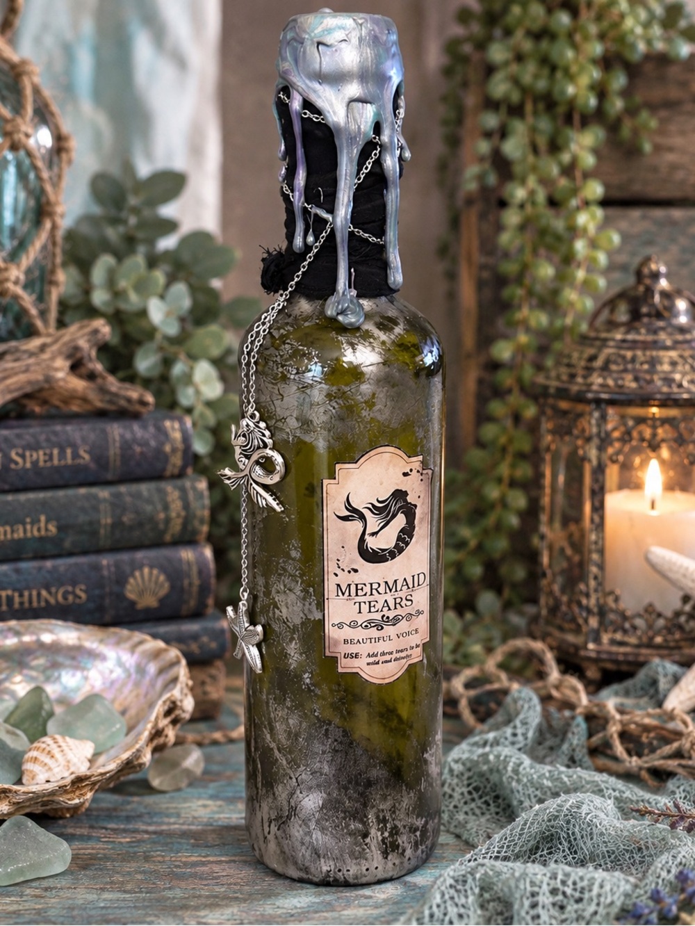 Mermaid Tears Glass Potion Bottle Mermaid Starfish Charms 10.5” New Handmade